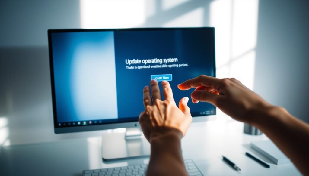 A well-lit desktop computer screen displaying the "Update Operating System" dialog box, showcasing a sleek and modern user interface. In the foreground, a hand hovers over the "Update Now" button, conveying a sense of proactive cybersecurity. The background features a clean, minimalist workspace with a subtle gradient, creating a professional and focused atmosphere. Soft, directional lighting emphasizes the screen and the hand, drawing the viewer's attention to the critical update process. The overall composition reflects the importance of keeping one's operating system up-to-date as a crucial step in safeguarding against malware.
