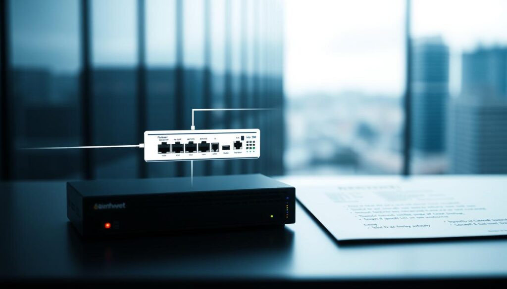 A well-lit, high-fidelity, detailed diagram depicting the interfaces of a firewall system. In the foreground, a clean, minimalist network diagram shows the connections between the external internet, the firewall, and the internal network. The firewall interface is highlighted, displaying its ports, connections, and status indicators. In the middle ground, a set of technical specifications and configuration settings are neatly organized, hinting at the initial setup process. The background features a subtle, out-of-focus cityscape, suggesting the firewall's role in protecting a larger infrastructure. The overall composition conveys a sense of order, precision, and technical sophistication, setting the tone for the "Setting Up a Firewall: Interface Mapping and Initial Configuration" section.