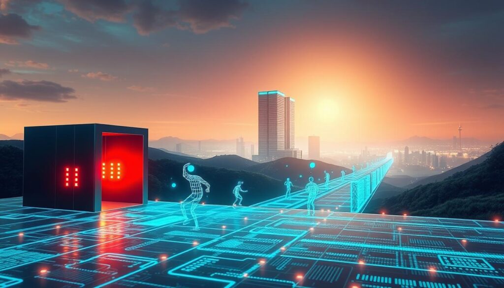 An expansive digital landscape, where multiple security layers converge to form a robust "zero trust network access" infrastructure. In the foreground, a secure gateway guards the entry, its sleek design and flashing indicators signaling the vigilance of the system. Midground, abstract representations of data packets and authorization protocols dance in a complex choreography, highlighting the dynamic nature of the access control mechanisms. In the distance, a towering data center looms, its architecture a testament to the scale and resilience of the network, illuminated by a soft, ambient glow that sets the tone of technological sophistication. The scene conveys a sense of heightened security, where every interaction is scrutinized, and trust is continuously verified, creating an impenetrable defense against unauthorized access.