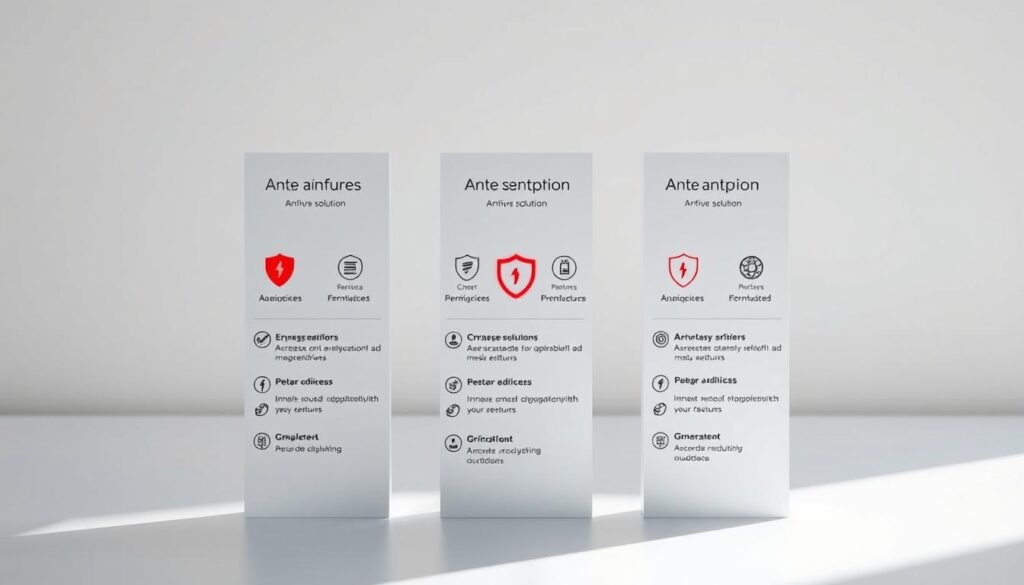 Comparison antivirus protection features: A sleek, minimalist product comparison display showcasing key antivirus software capabilities. Centered on a clean desktop background, three vertical panels depict the antivirus solutions side-by-side, highlighted by concise icons and infographic-style data visualization. Soft, directional lighting casts subtle shadows, giving depth and dimensionality. The overall aesthetic is professional, modern, and informative, allowing the features to be easily scanned and comprehended at a glance.