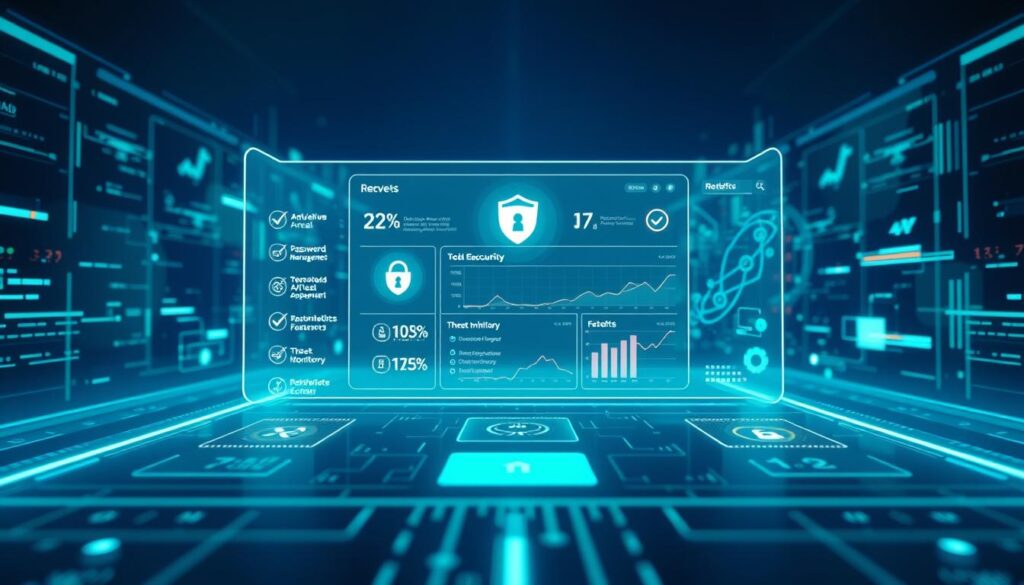 Cybersecurity checklist displayed on a futuristic holographic interface. The foreground features a series of icons and checkboxes representing various security measures such as antivirus, firewall, password management, and multi-factor authentication. The middle ground showcases a sleek, minimalist dashboard with real-time security metrics and threat monitoring. In the background, a dynamic data visualization of network traffic and threat activity creates an immersive, high-tech atmosphere. Soft blue and green hues dominate the color palette, with subtle neon accents. Lighting is directional, casting dramatic shadows and highlights to enhance the technological aesthetic. The overall mood is one of control, organization, and vigilance in the face of evolving cyber threats.