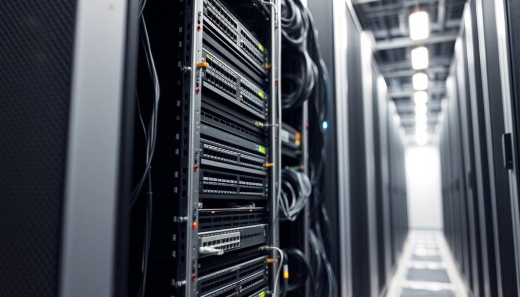 High-quality server rack in a data center, viewed from the side. Sleek and modern metal rack filled with various network switches, routers, and servers. Soft, even lighting illuminates the intricate cabling and blinking indicator lights. Narrow depth of field, with the foreground rack in sharp focus and the background fading into a hazy, industrial atmosphere. The arrangement of the hardware components suggests efficient organization and powerful computing capabilities. The overall impression conveys a sense of technical sophistication and reliable connectivity.
