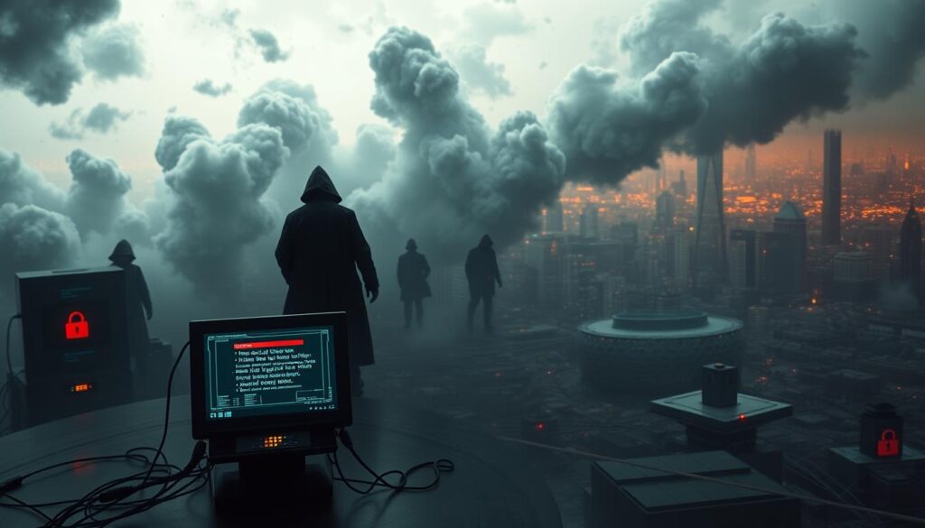 Late-2024 mega incidents, a looming digital crisis: An ominous landscape of interconnected systems in disarray, with clouds of data swirling ominously. Shadowy figures infiltrate through weakened cybersecurity barriers, their digital fingers poised to extract sensitive information. In the foreground, a lone terminal flashes warnings of breached defenses, its screen an eerie reflection of the escalating chaos. The middle ground reveals a tangled web of corporate logos, each one a potential target for the impending data breach storm. The background blurs into a hazy, dystopian cityscape, hinting at the far-reaching consequences of these late-2024 mega incidents that will shape the risk landscape of 2025.